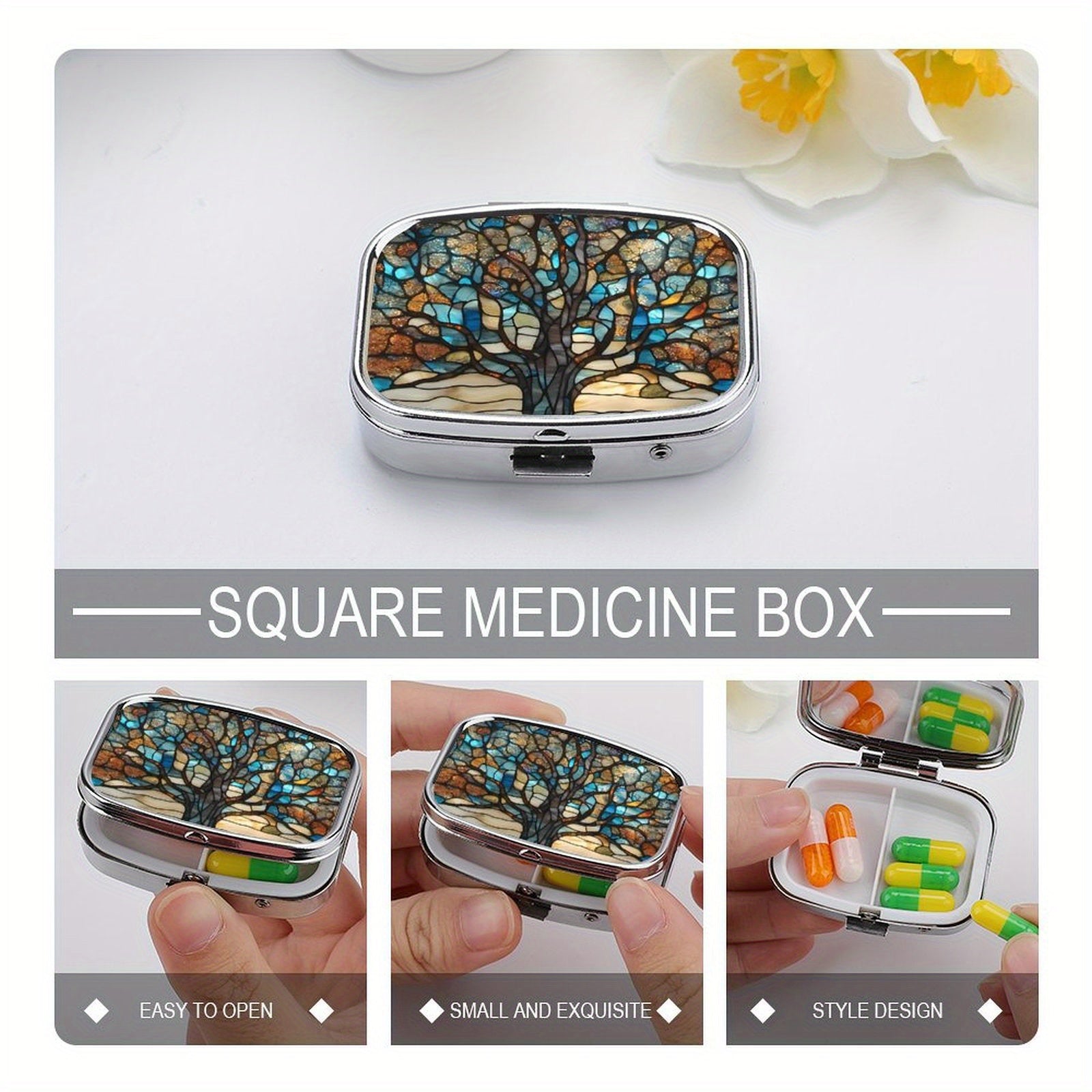 Stained Glass Trees Pill Box 2 Compartment Medicine Case