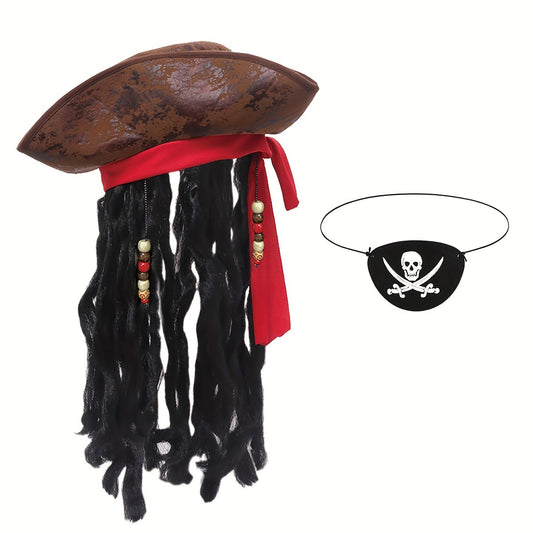 Pirate Captain Costume Set Hat & Eye Mask Polyester Halloween Cosplay