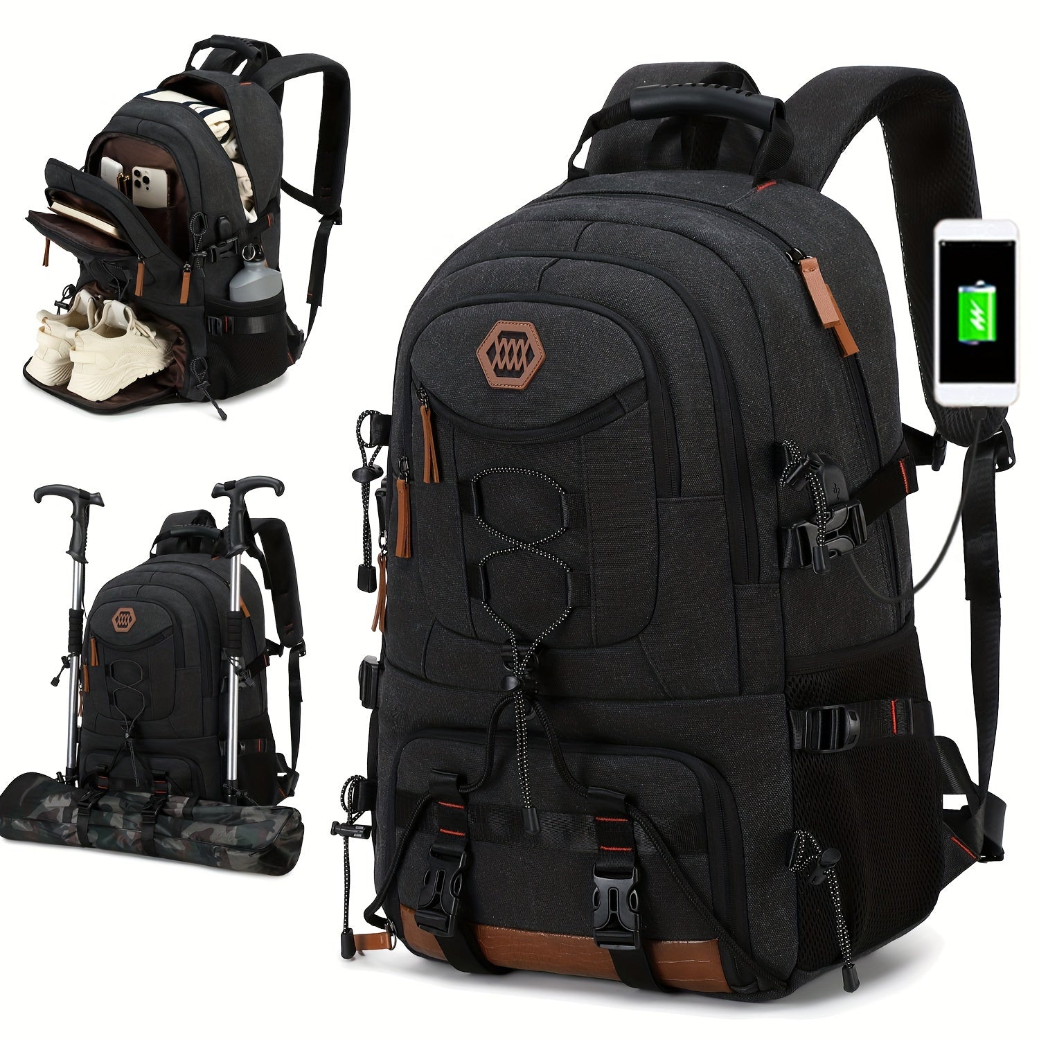 Large Capacity Hiking Backpack with Shoe Compartment and Laptop Sleeve