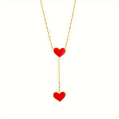 Double Heart Pendant Necklace Red Enamel Finish