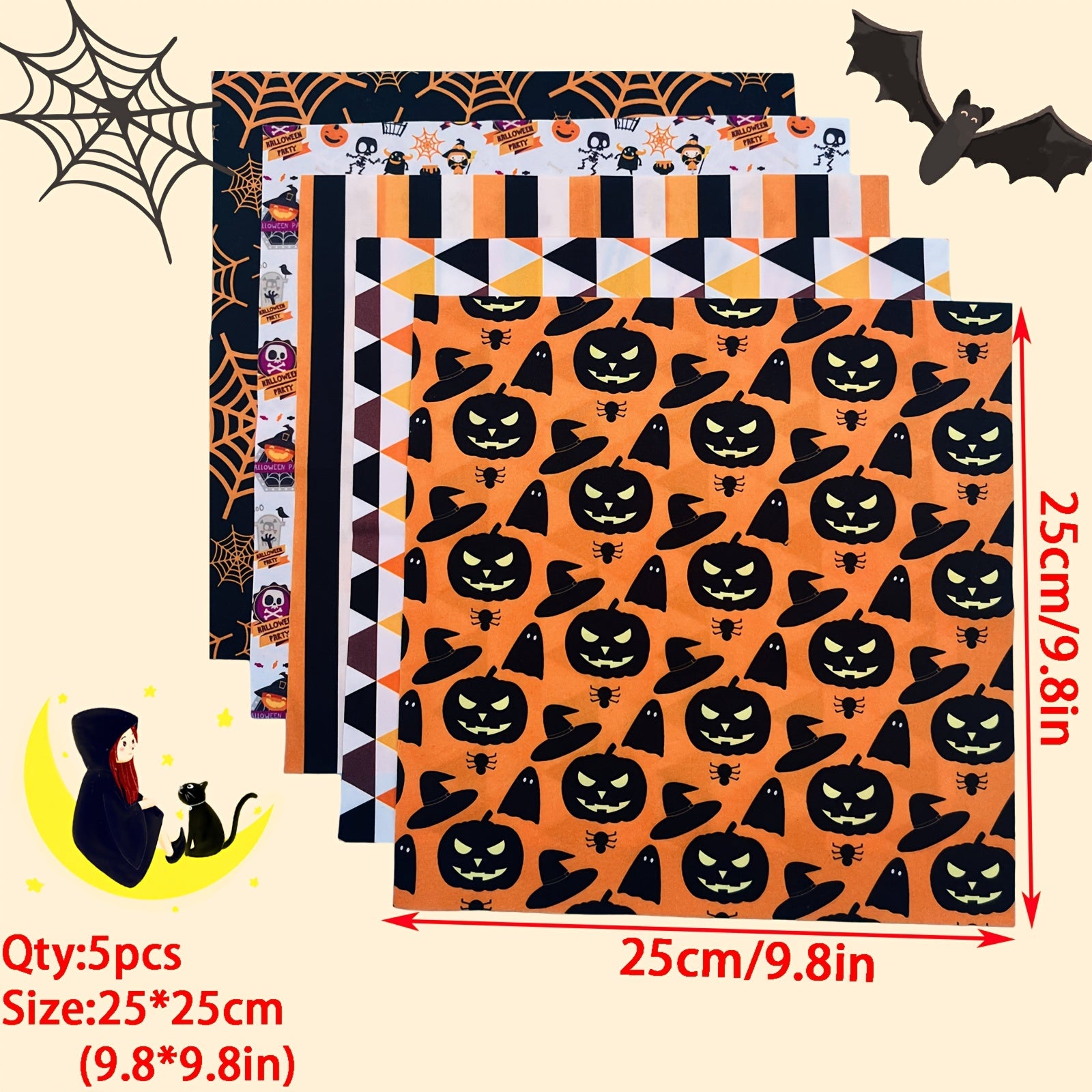 5pcs Halloween Polyester Fat Quarters Sewing Craft Fabric - DIY Halloween Decor
