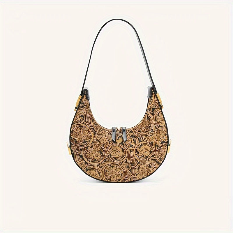 Vintage Crescent Flower Embossed Shoulder Bag Retro Hobo Underarm Purse