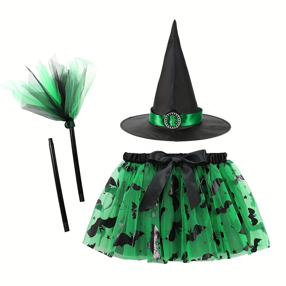 Witch Halloween Costume Set: Pumpkin Tutu Skirt, Hat & Broom