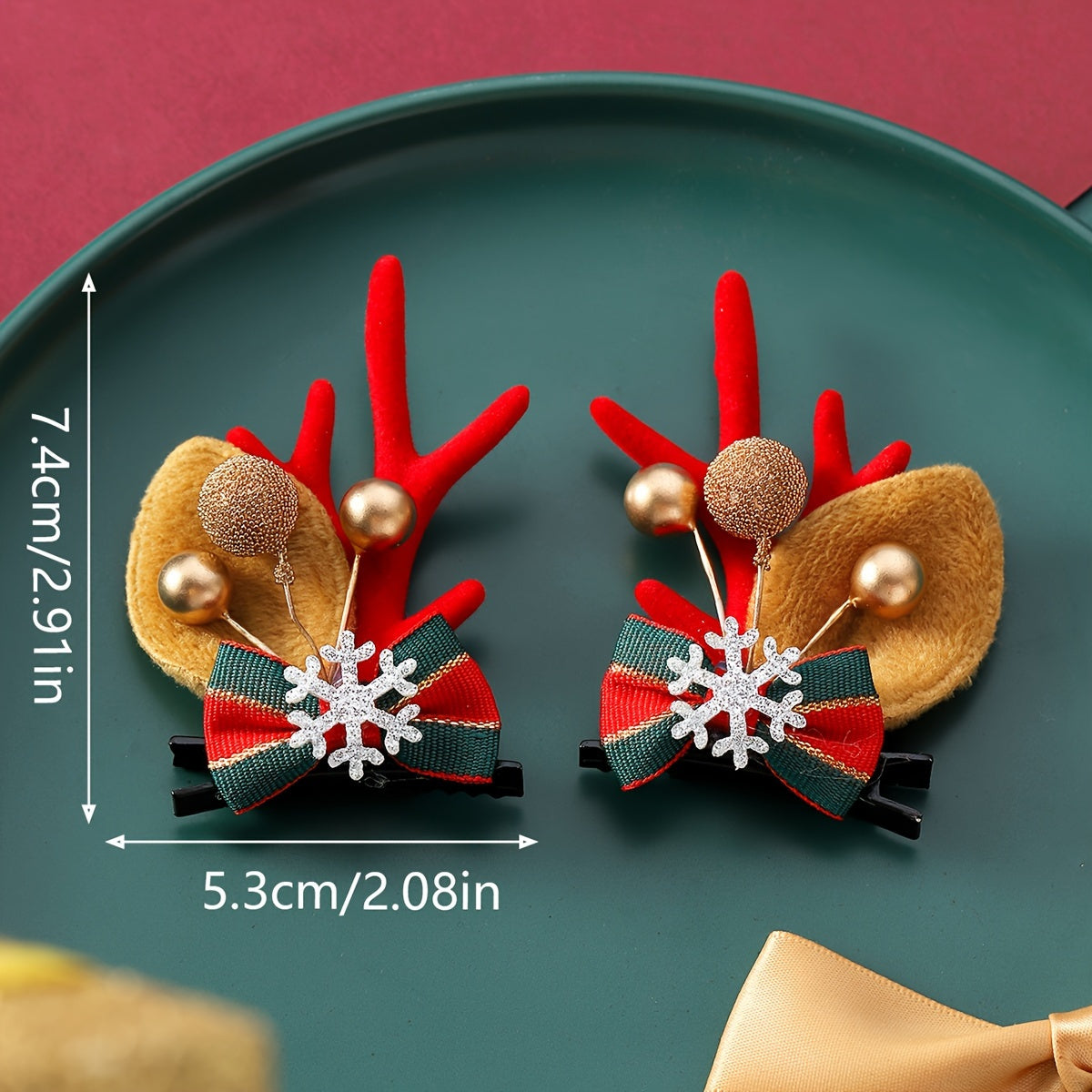 2pcs Christmas Hair Clips with Antlers & Snowflake Bow