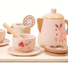 Wooden Tea Party Set for Kids Afternoon Tea Dessert Cake Teapot Cups