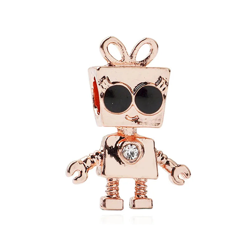Silver Rose Robot Beads for Charm Bracelet DIY Jewelry