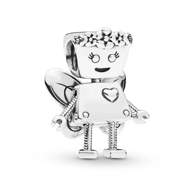 Silver Rose Robot Beads for Charm Bracelet DIY Jewelry