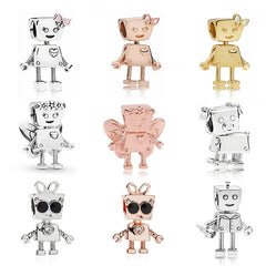 Silver Rose Robot Beads for Charm Bracelet DIY Jewelry