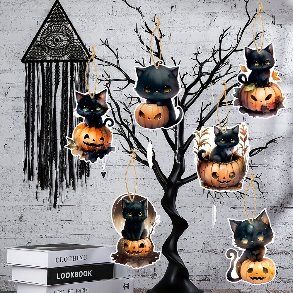 6pcs Halloween Cat & Pumpkin Tree Ornaments Hanging Decorations