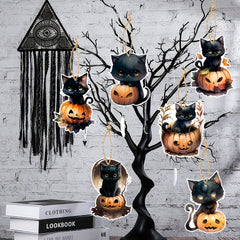 6pcs Halloween Cat & Pumpkin Tree Ornaments Hanging Decorations