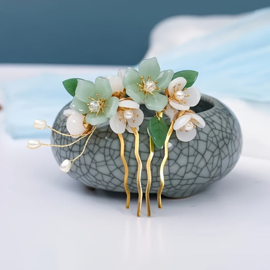 Green Glass Flowers Leaves Crystal Hair Comb Headwear