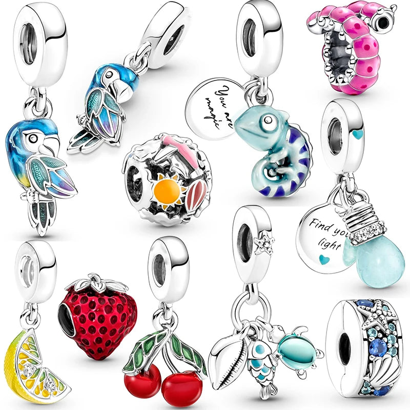Jungle Paradise Parrot Charm Pendant Silver Bead Bracelet Necklace