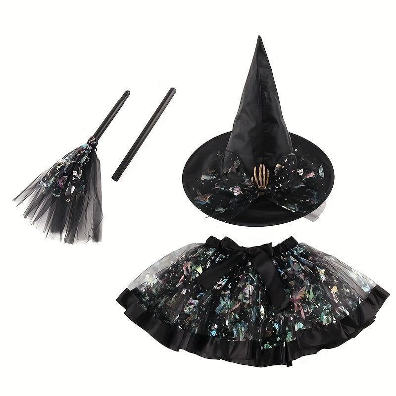 Witch Halloween Costume Set 3pcs Tutu Skirt Hat & Broom Spooky Prints
