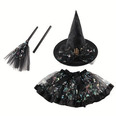 Witch Halloween Costume Set 3pcs Tutu Skirt Hat & Broom Spooky Prints