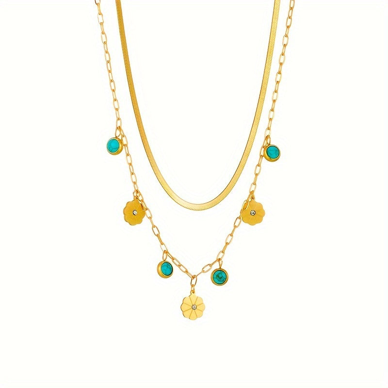Boho Vintage Stainless Steel Double Chain Necklace with Flower Turquoise Pendant