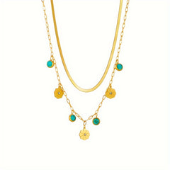Boho Vintage Stainless Steel Double Chain Necklace with Flower Turquoise Pendant