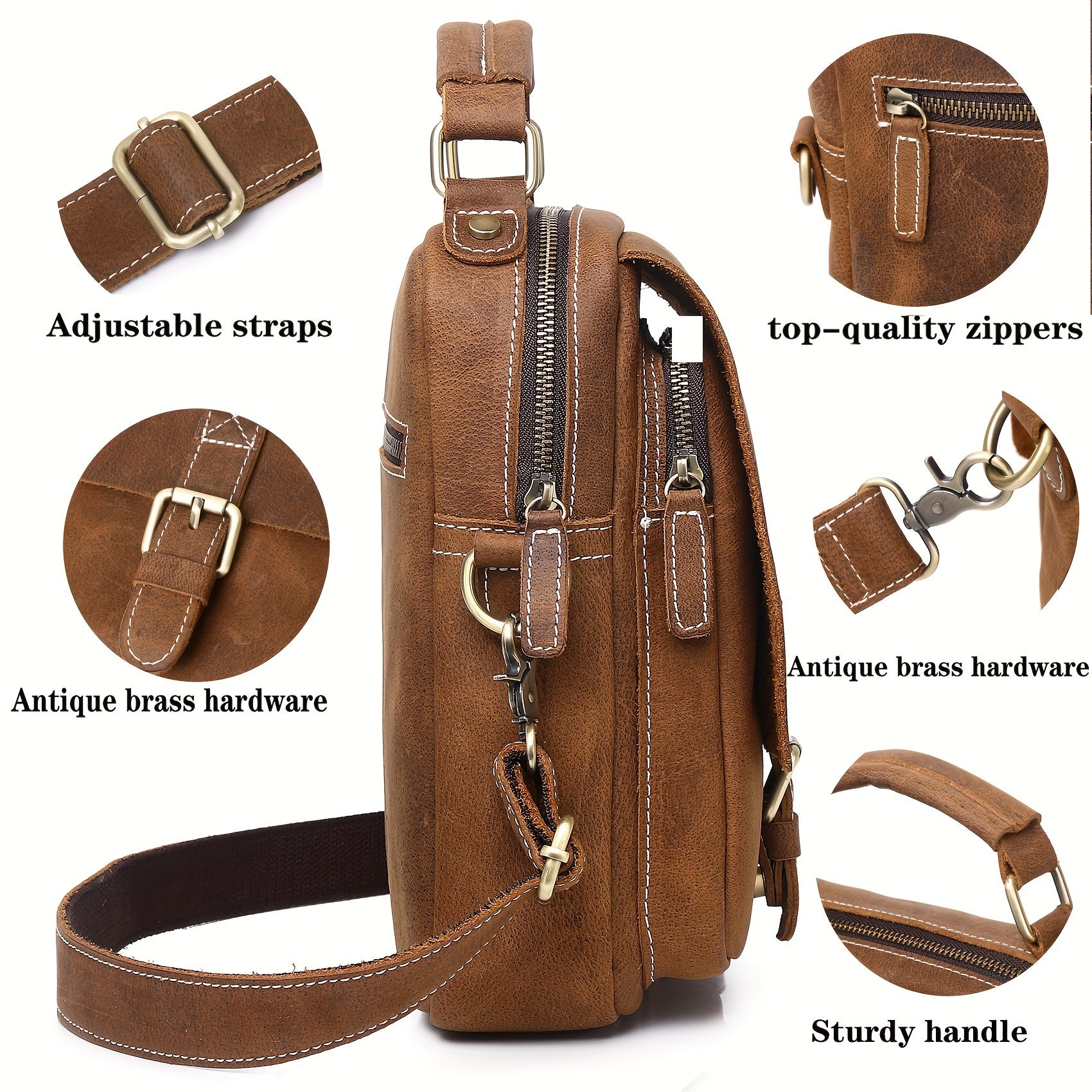 Classic Vintage Leather Messenger Bag Adjustable Strap Crossbody Shoulder Bag