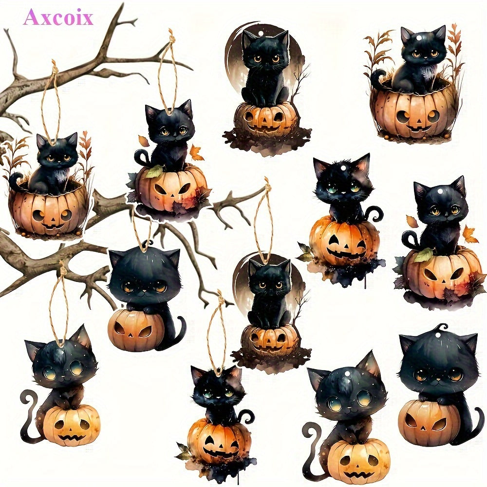6pcs Halloween Cat & Pumpkin Tree Ornaments Hanging Decorations