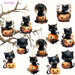 6pcs Halloween Cat & Pumpkin Tree Ornaments Hanging Decorations