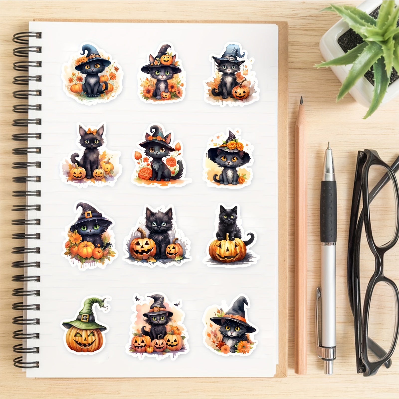 50 Retro Cat Halloween Stickers for Scrapbooking Waterproof