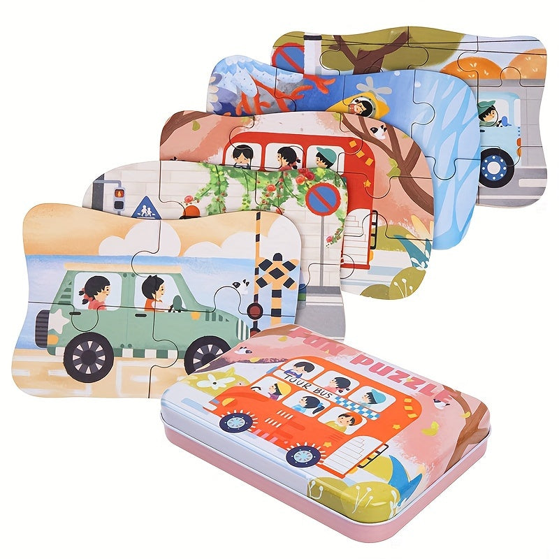 5 in 1 Vehicle Puzzles for Kids Car Transportation Puzzles Toys with Iron Box