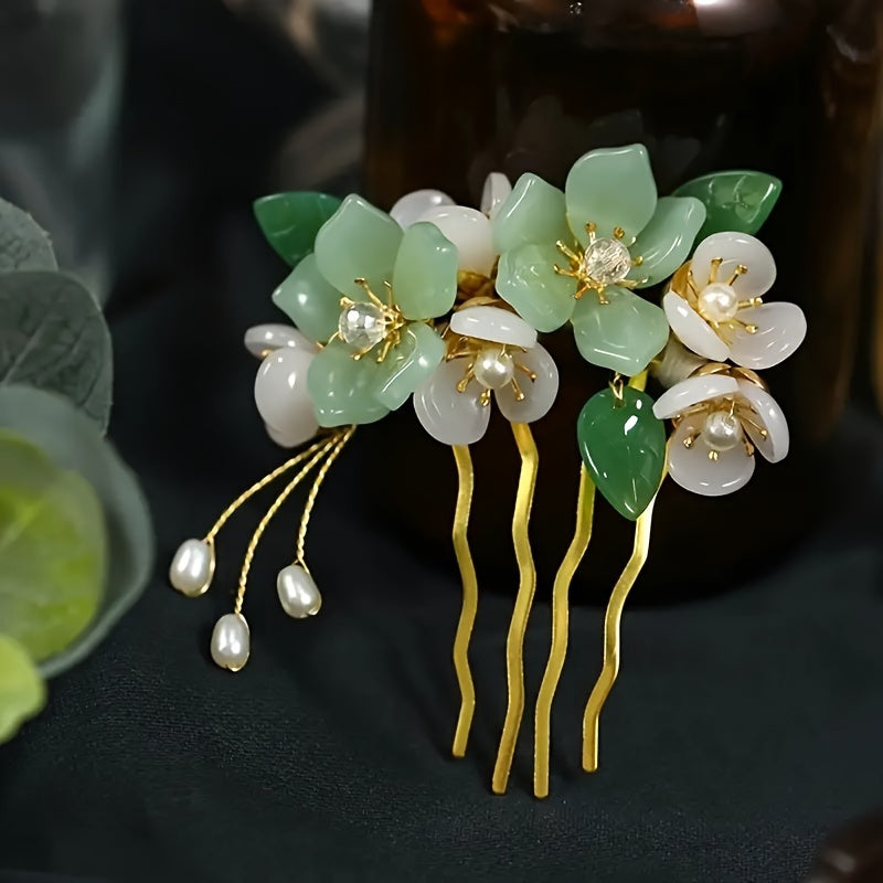 Green Glass Flowers Leaves Crystal Hair Comb Headwear