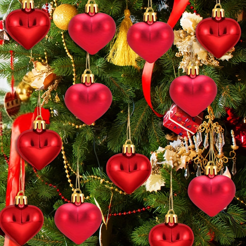 12pcs Red Heart Shaped Ornaments for Whimsical Christmas Tree Decor