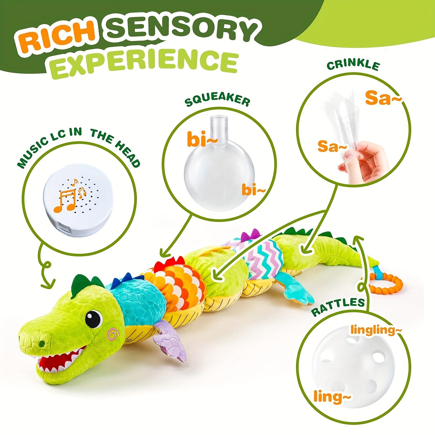 Green Crocodile Music Crinkle Rattles Sensory Toy for Infants Tummy Time