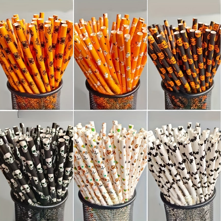 100pcs Halloween Paper Straws Biodegradable Party Straws with Designs