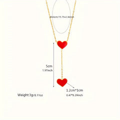 Double Heart Pendant Necklace Red Enamel Finish