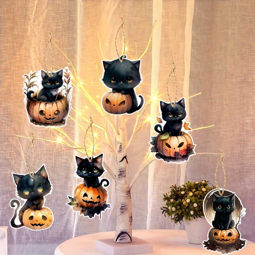 6pcs Halloween Cat & Pumpkin Tree Ornaments Hanging Decorations