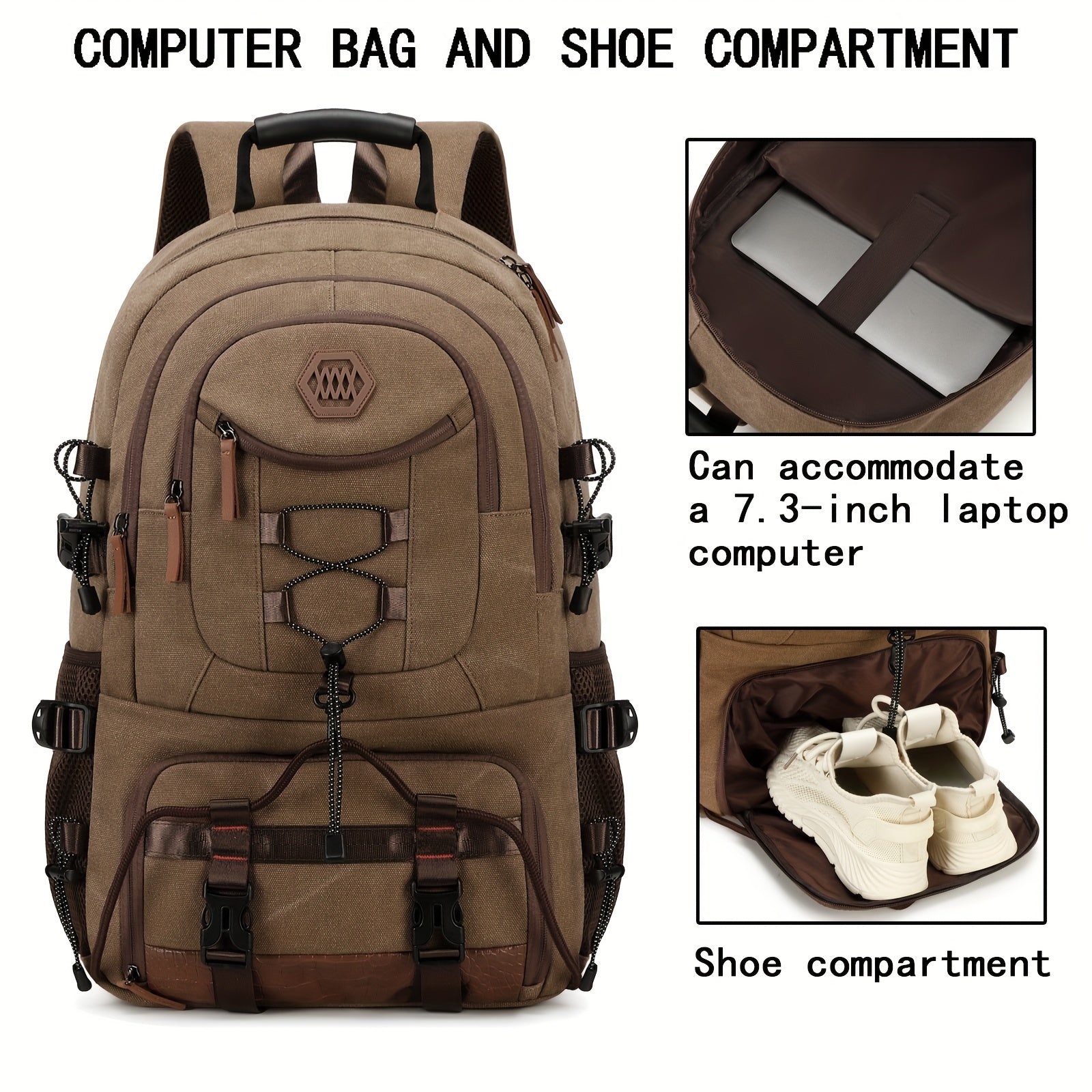 Large Capacity Hiking Backpack with Shoe Compartment and Laptop Sleeve