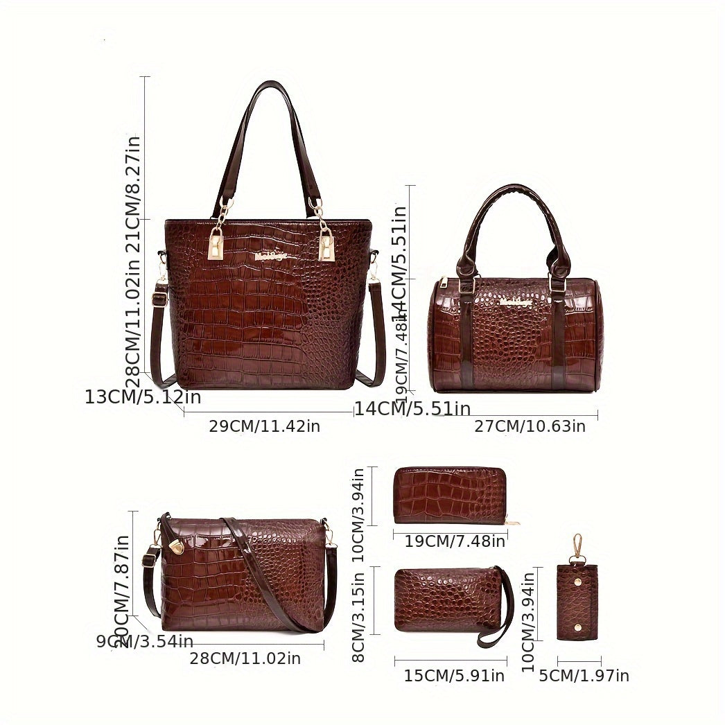 6 Pc Crocodile Pattern Bag Set Women's Shoulder Tote Handbag