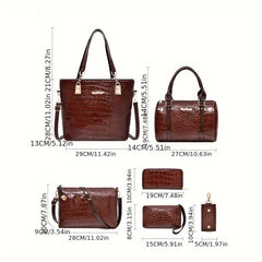 6 Pc Crocodile Pattern Bag Set Women's Shoulder Tote Handbag