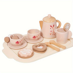 Wooden Tea Party Set for Kids Afternoon Tea Dessert Cake Teapot Cups