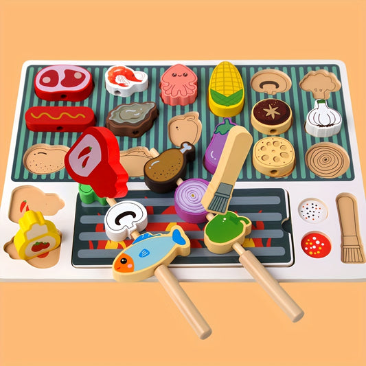 Kizh Wooden BBQ Playset Pretend Grill & Camping Cooking Toy Kit for Youngsters