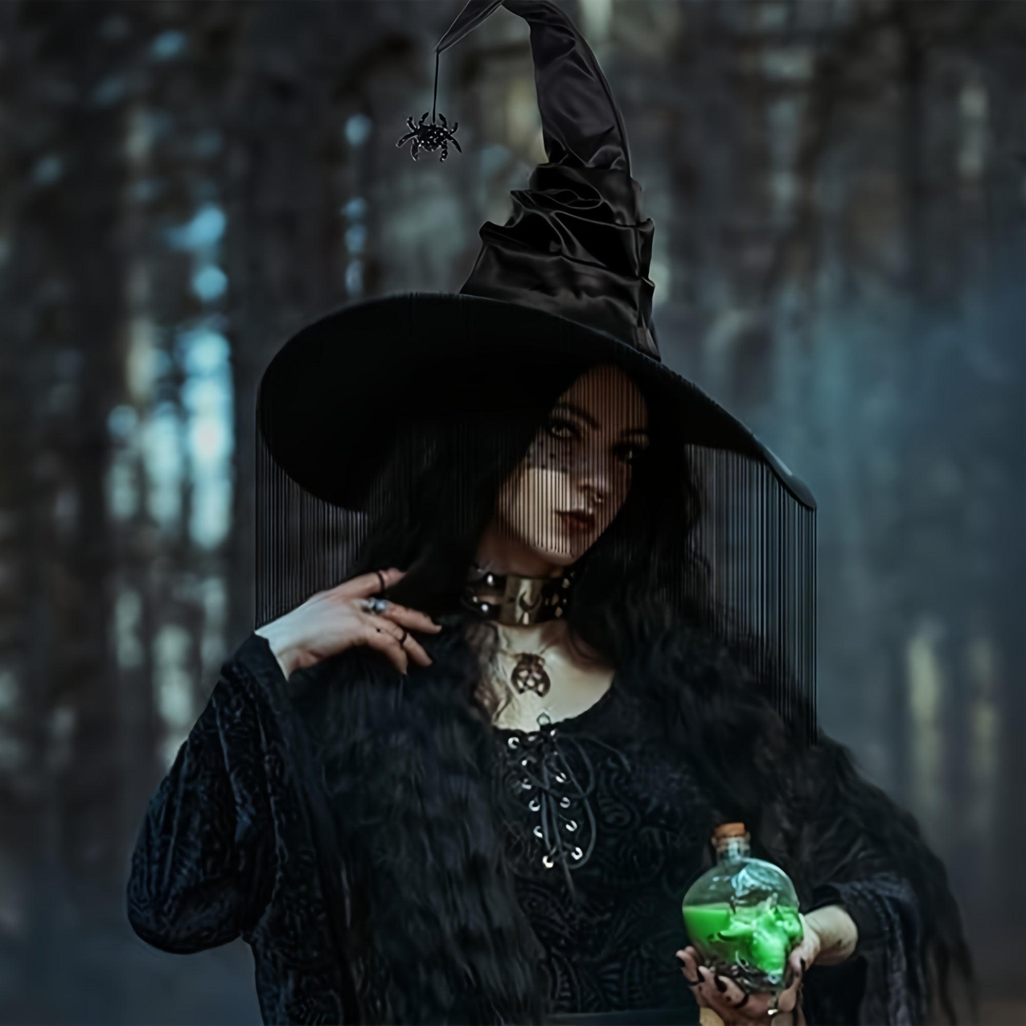 Fairy Tale Witch Hat w/ Spider Pendant for Halloween & Cosplay