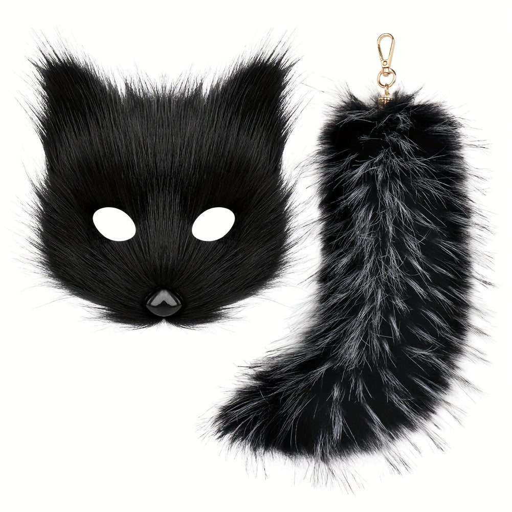 Plush Fox Mask Set with Tail Keychain - Animal Themed Accessories for Halloween