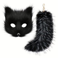 Plush Fox Mask Set with Tail Keychain - Animal Themed Accessories for Halloween