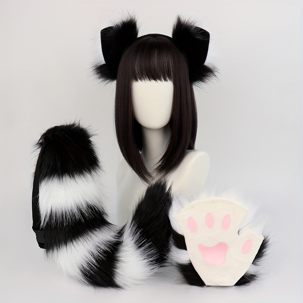 Anime Fox Ear Headband Fluffy Tail & Paw Gloves Set Faux Fur Costume