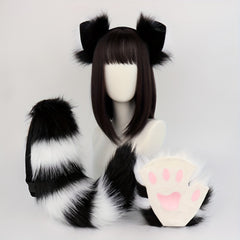 Anime Fox Ear Headband Fluffy Tail & Paw Gloves Set Faux Fur Costume