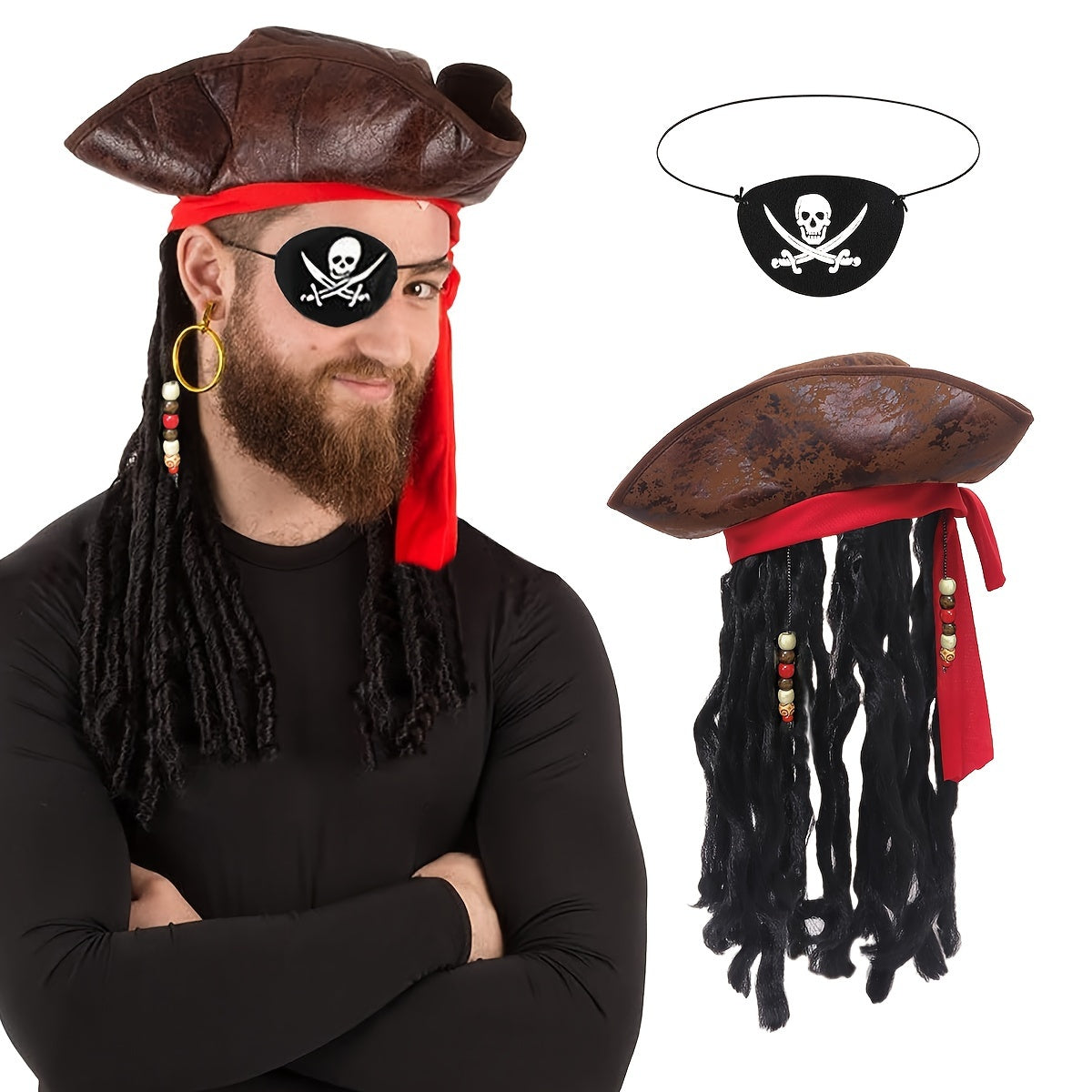 Pirate Captain Costume Set Hat & Eye Mask Polyester Halloween Cosplay