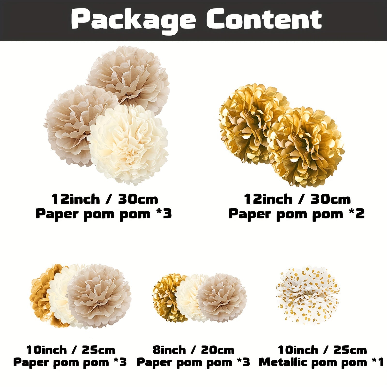 12pcs Golden Champagne Tissue Pom Poms - Elegant Party Decor