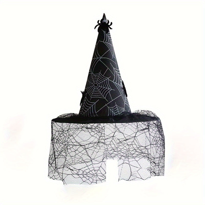 Funky Witch Hat w/ Spider Web Veil for Costume Party