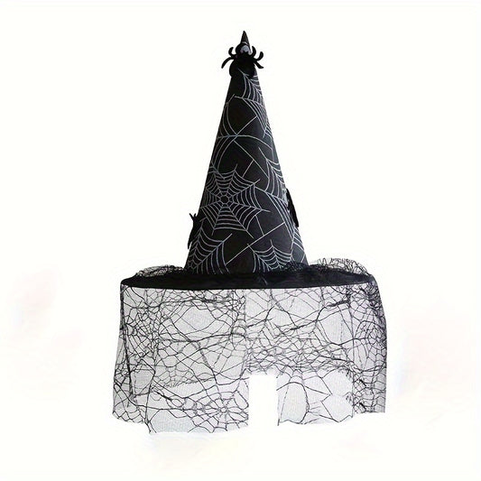 Funky Witch Hat w/ Spider Web Veil for Costume Party