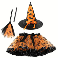 Witch Halloween Costume Set 3pcs Tutu Skirt Hat & Broom Spooky Prints