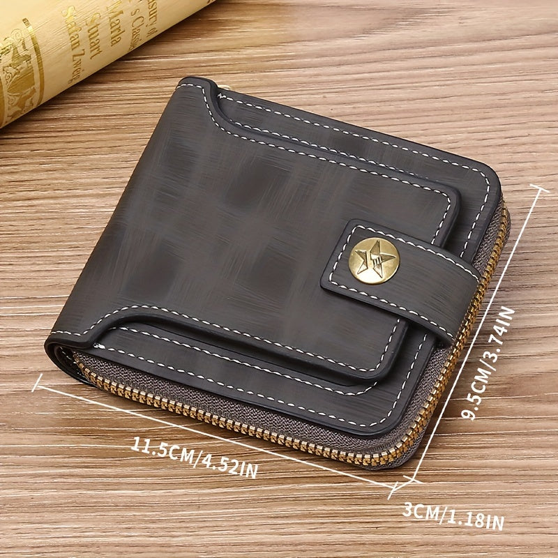 Men's PU Button Decor Zipper Credit Card Holder Bifold Wallet