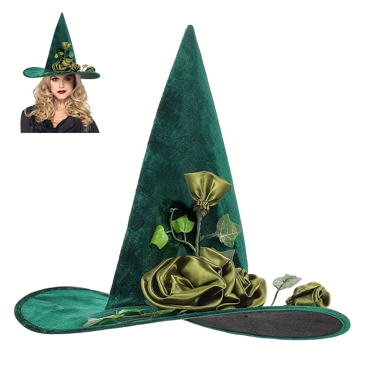 Velvet Witch Hat w/ Vine & Flower, Halloween Cosplay Parties