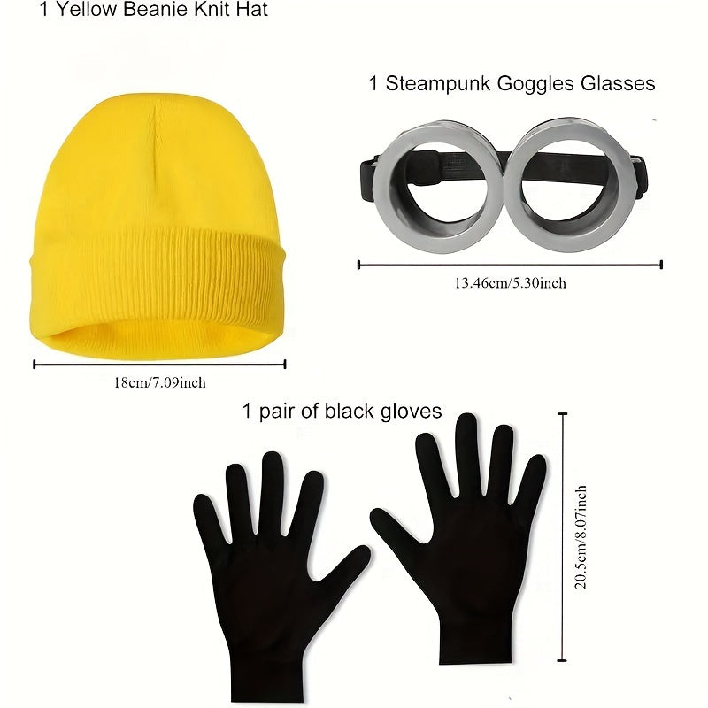 3pcs Halloween Costume Set for Adults - Goggles, Yellow Beanie & Gloves