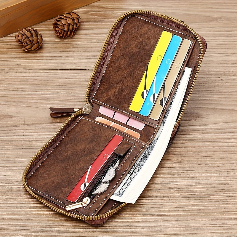Men's PU Button Decor Zipper Credit Card Holder Bifold Wallet